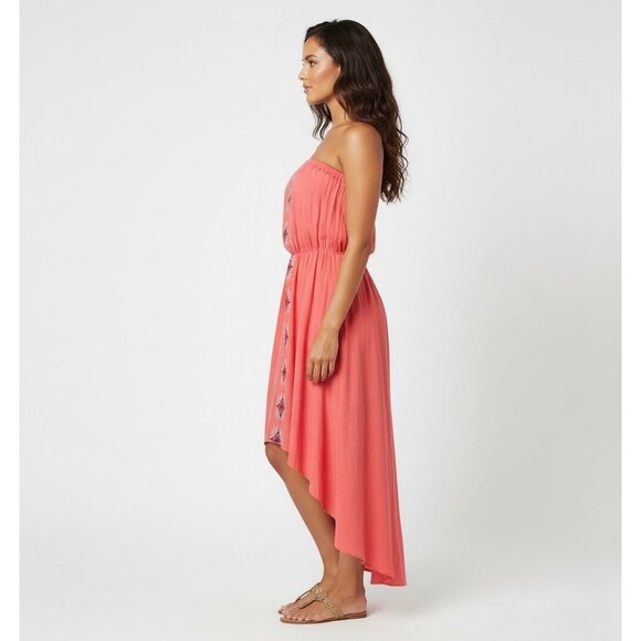 NWT Coral Embroidered Print High-Low Hem Cinched Waist Strapless Boho Midi Dress - Picture 4 of 10